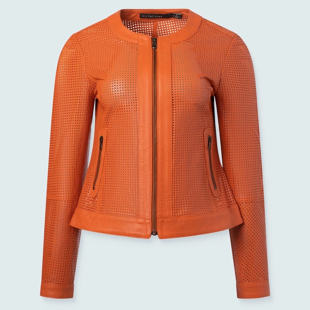 Iris Setlakwe Orange Perforated Genuine Leather Moto Jacket Size 0